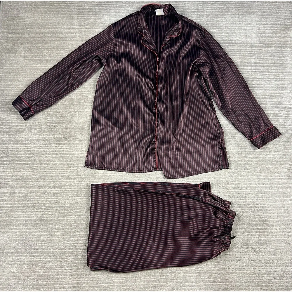 Secret Treasures Pajama Set Womens‎ Large Black Red Pinstripe Satin Long Sleeve